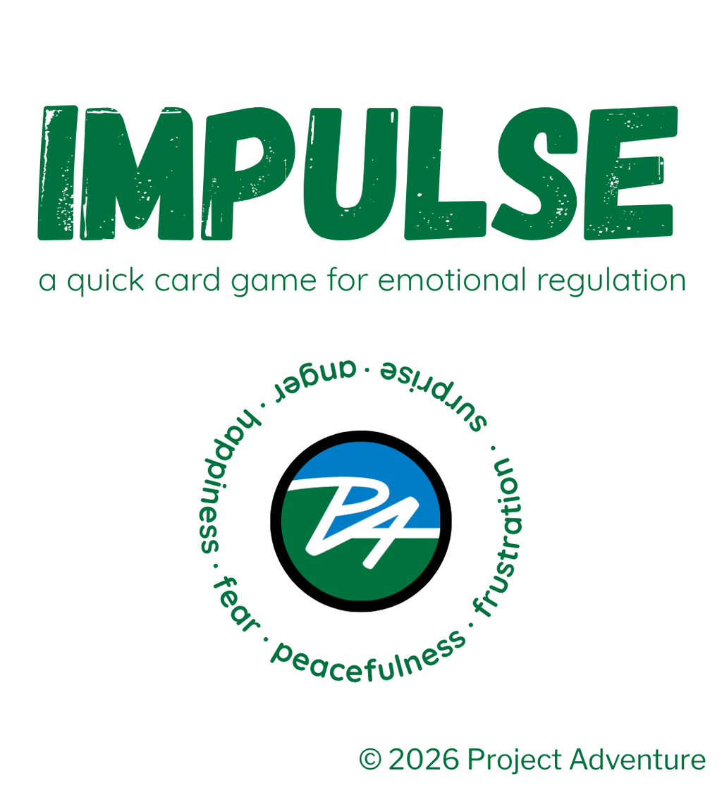 Front cover artwork for the card game IMPULSE, showing the title in large green distressed letters, a subtitle about emotional regulation, a circular blue-and-green Project Adventure logo, and copyright text at the bottom on a white background.